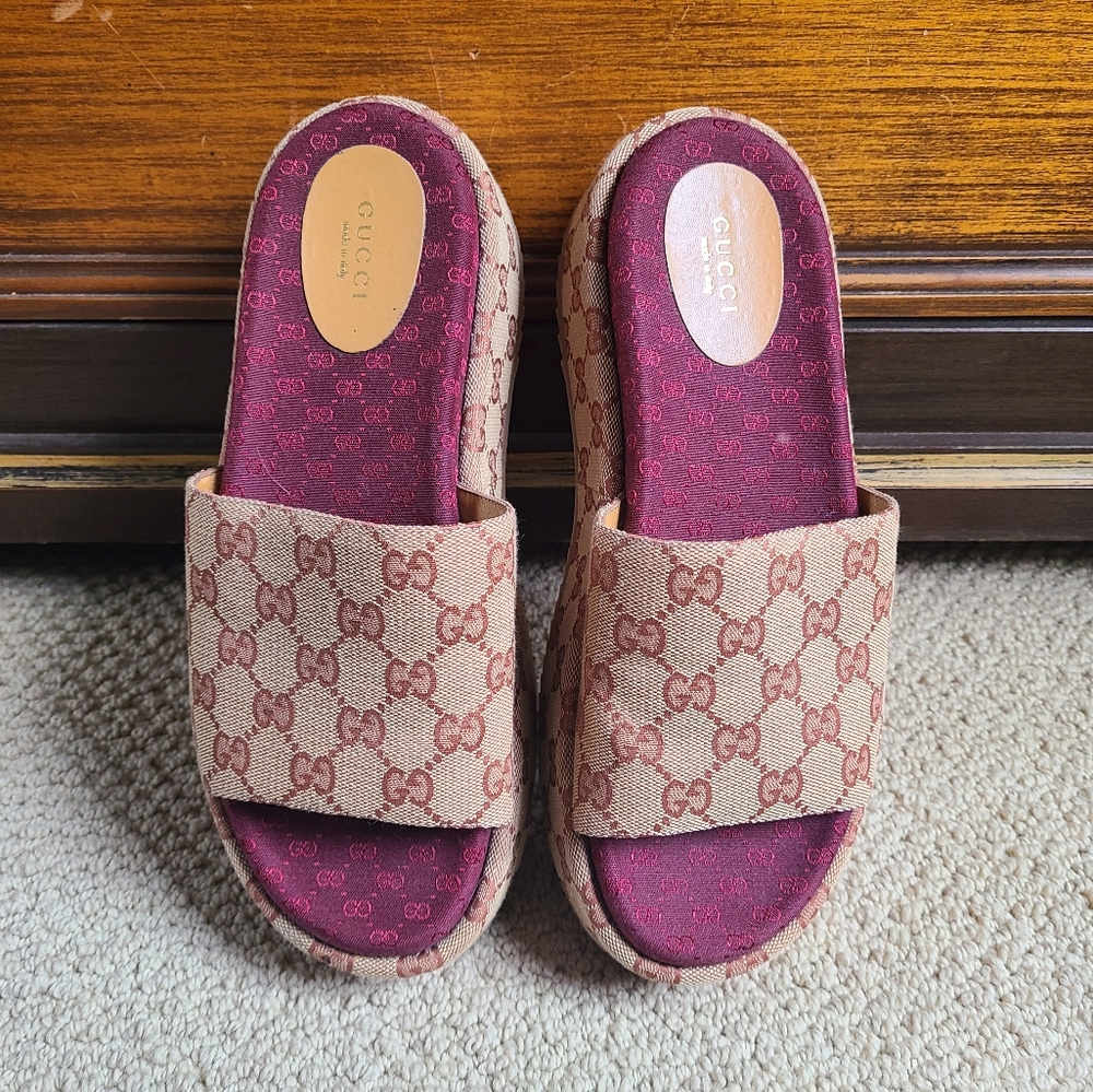 Gucci Women's Canvas Monogram Angelina Platform Slide Sandals